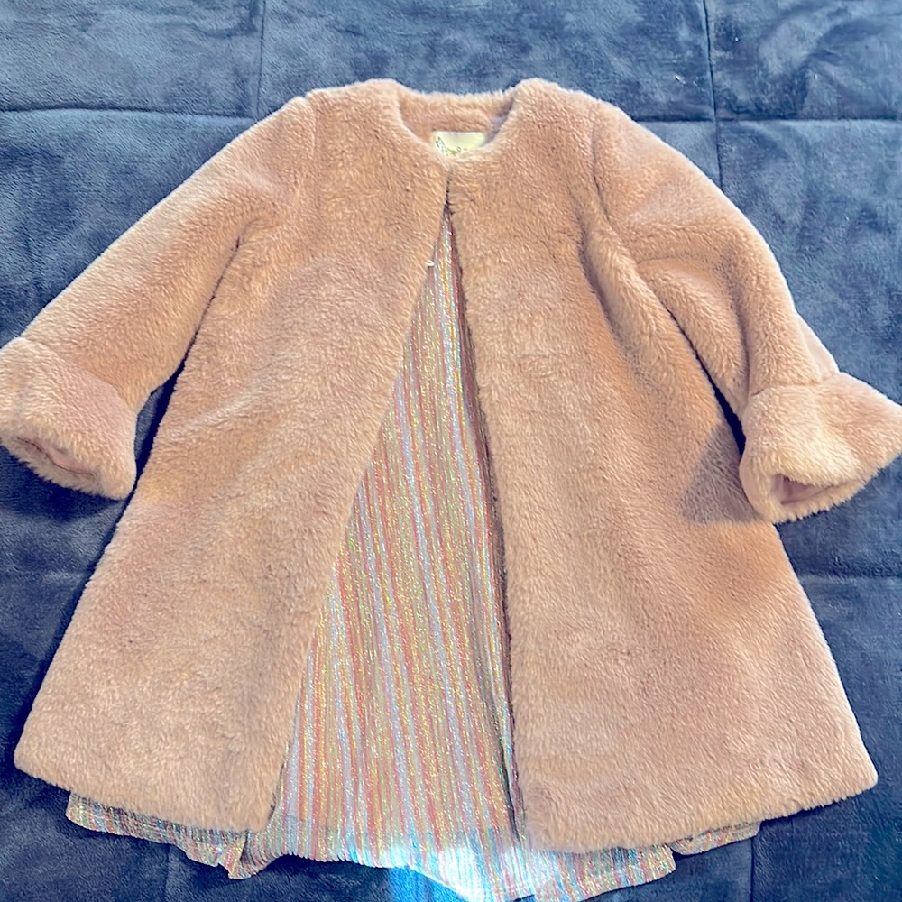 PIPPA & JULIE Kids' Faux Fur Coat & Metallic Dress Set, Two Piece Mauve 3T